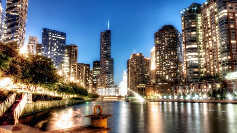 Chicago Skyline at Night — Blue, Dramatic, Photograph, River, Skyscrapers