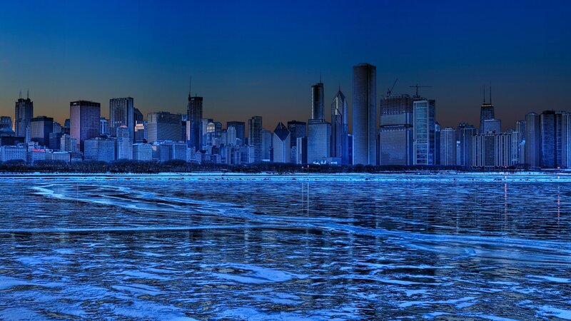 Chicago Skyline at Night — Blue, Dramatic, Photograph, Skyscraper, Frozen Lake
