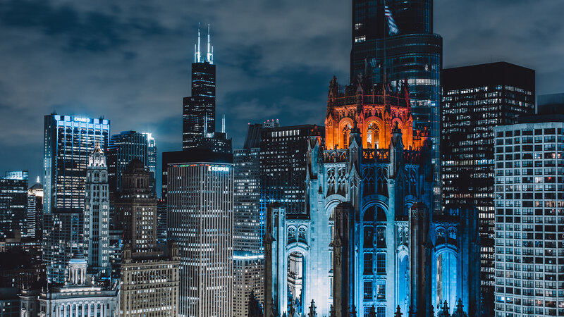 Chicago Skyline at Night — Blue, Dramatic, Photograph, Skyscrapers, Church