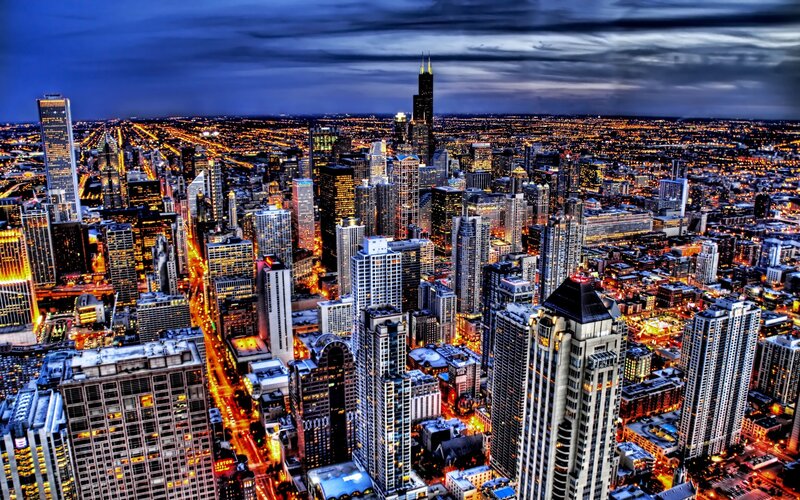 Chicago Skyline at Night — Blue, Dramatic, Photograph, Skyscrapers, City Lights, Highways, Clouds, Black