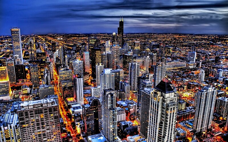 Chicago Skyline at Night — Blue, Dramatic, Photograph, Skyscrapers, City Lights, Roads, Clouds, Yellow