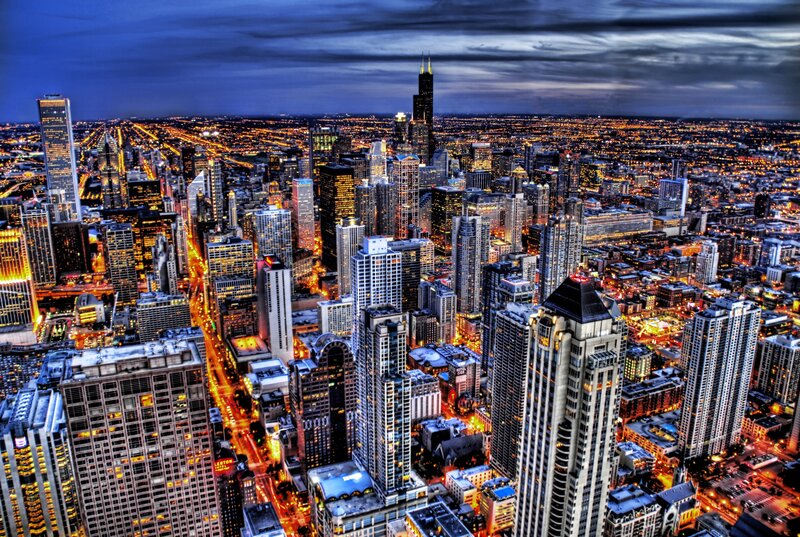 Chicago Skyline at Night — Blue, Dramatic, Photograph, Skyscrapers, City Lights, Streets, Clouds