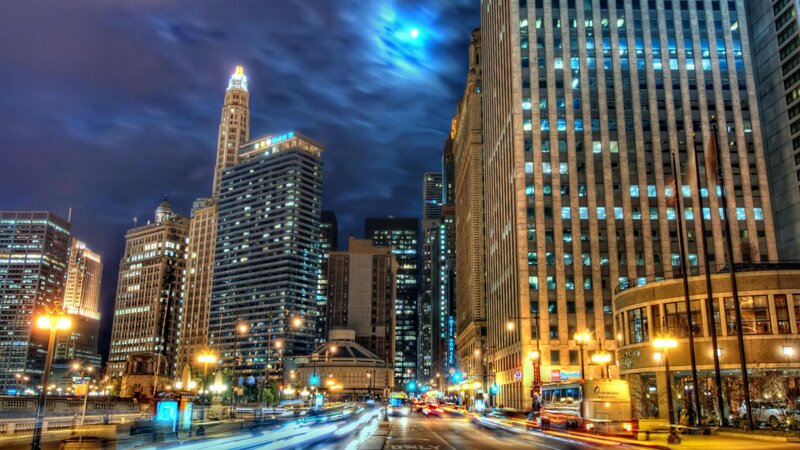 Chicago Skyline at Night — Blue, Dramatic, Photograph, Skyscrapers, City Lights