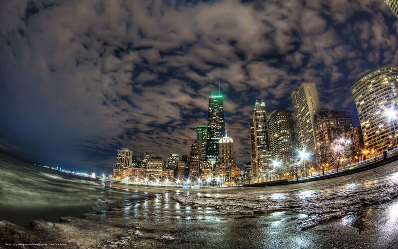 Chicago Skyline at Night — Blue, Dramatic, Photograph, Skyscrapers, Clouds, Lake Shore
