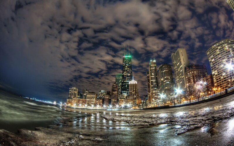 Chicago Skyline at Night — Blue, Dramatic, Photograph, Skyscrapers, Clouds