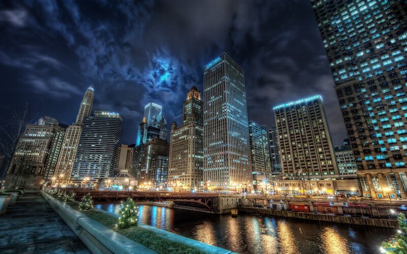 Chicago Skyline at Night — Blue, Dramatic, Photograph, Skyscrapers, River, Bridge