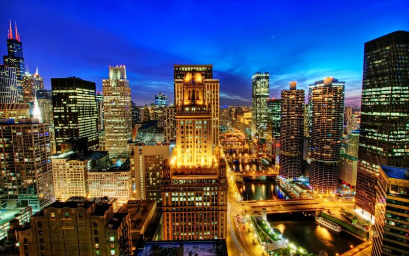 Chicago Skyline at Night — Blue, Dramatic, Photograph, Skyscrapers, River, Bridges, Boat