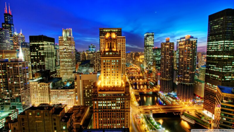Chicago Skyline at Night — Blue, Dramatic, Photograph, Skyscrapers, River