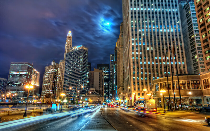 Chicago Skyline at Night — Blue, Dramatic, Photograph, Skyscrapers