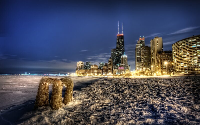 Chicago Skyline at Night — Blue, Dramatic, Photograph, Snow