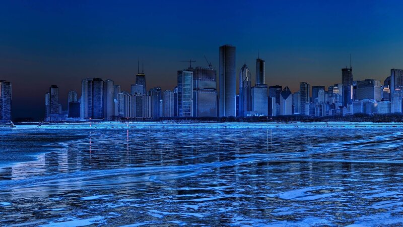 Chicago Skyline at Night — Blue, Frozen Lake