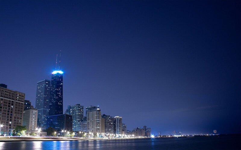 Chicago Skyline at Night — Blue, Photograph