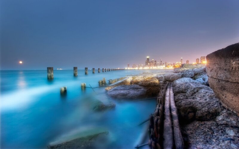 Chicago Skyline at Night — Blue, Serene, Photograph, Moon, Cityscape