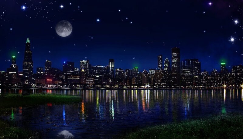Chicago Skyline at Night — Blue, Serene, Photograph, Moon, Stars
