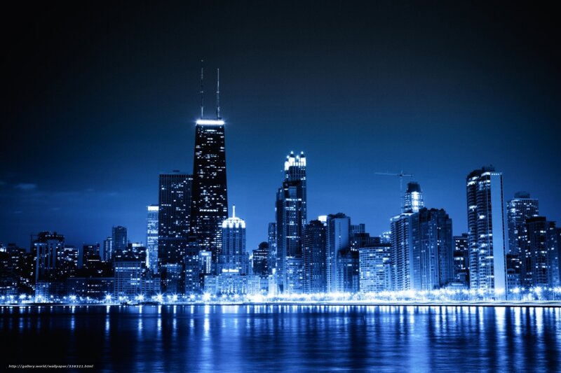 Chicago Skyline at Night — Blue, Serene, Photograph, Skyscrapers, Water