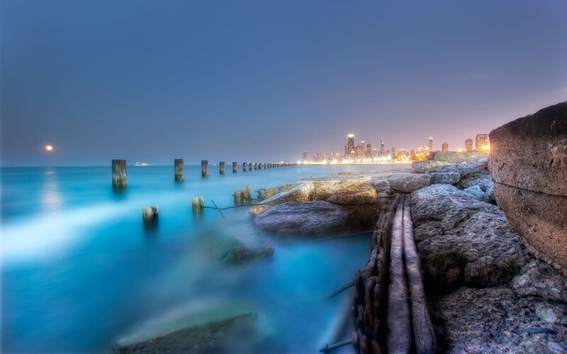 Chicago Skyline at Night — Blue, Serene, Photograph