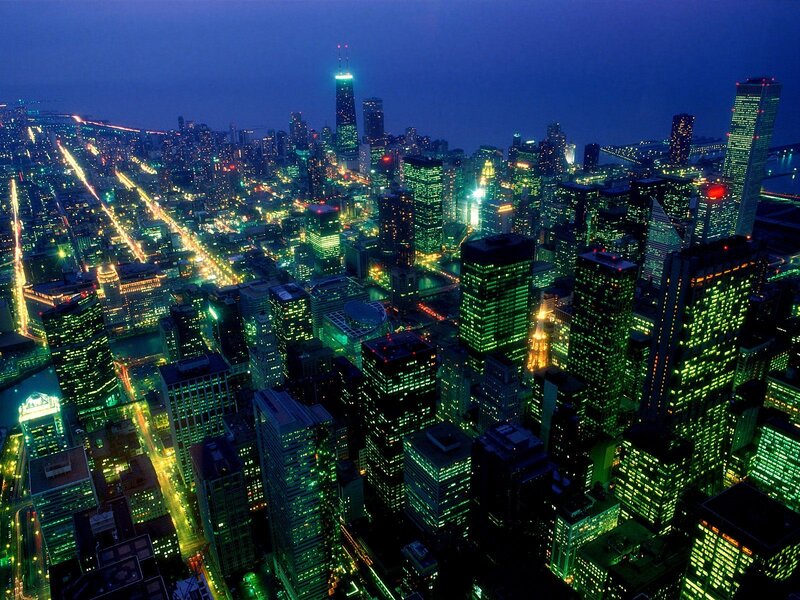Chicago Skyline at Night — Green, Dramatic