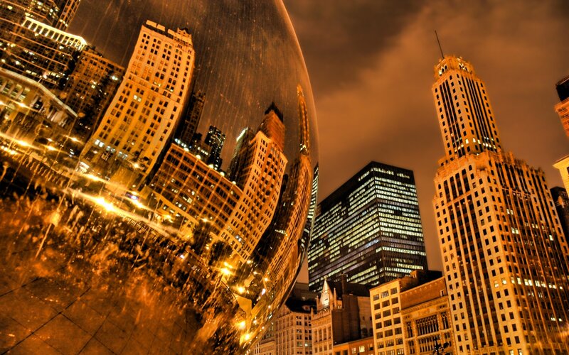 Chicago Skyline at Night — Orange, Dramatic, Photograph, Buildings, Clouds