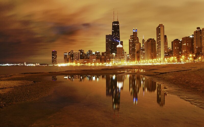 Chicago Skyline at Night — Orange, Dramatic, Photograph, Buildings