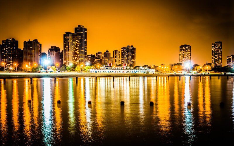 Chicago Skyline at Night — Orange, Dramatic, Photograph, Buildings, Water, Lights, Black