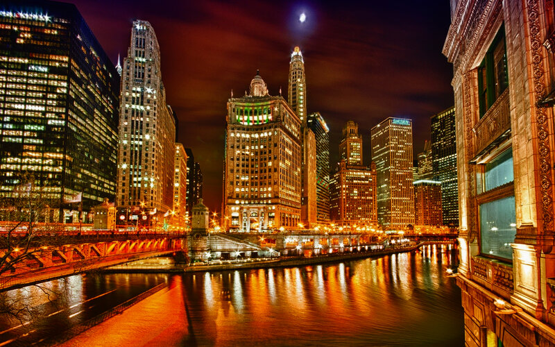 Chicago Skyline at Night — Orange, Dramatic, Photograph, River