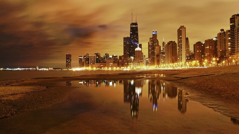 Chicago Skyline at Night — Orange, Dramatic, Photograph, Skyscraper, Puddle