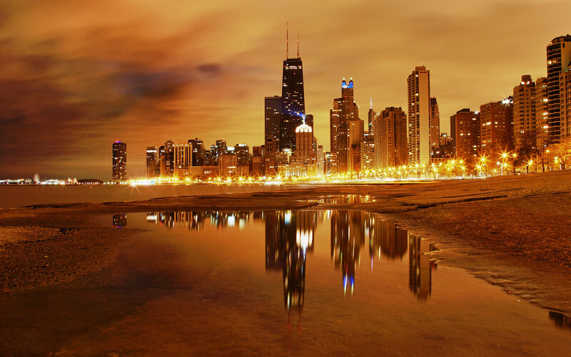 Chicago Skyline at Night — Orange, Dramatic, Photograph, Skyscraper