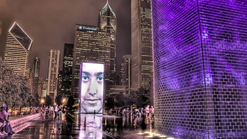 Chicago skyline at night with digital art