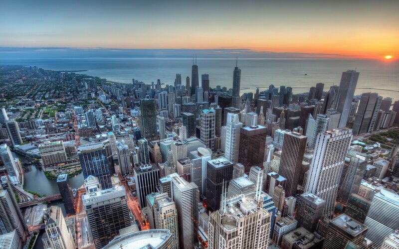Chicago skyline at sunset