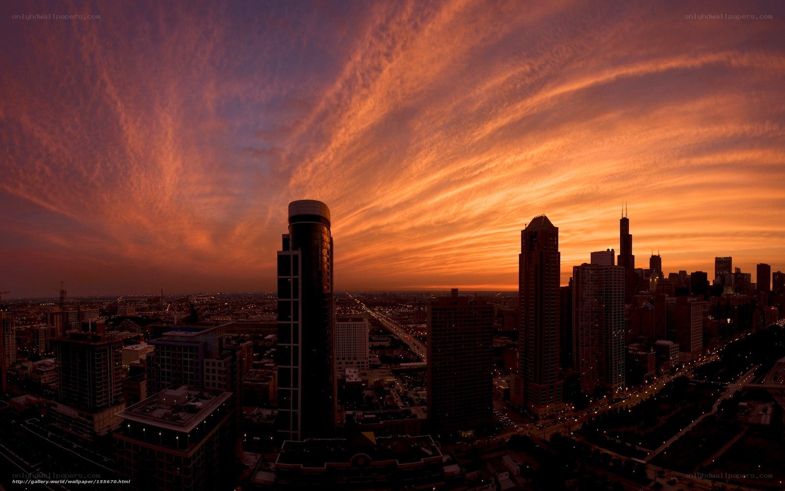 Chicago skyline at sunset