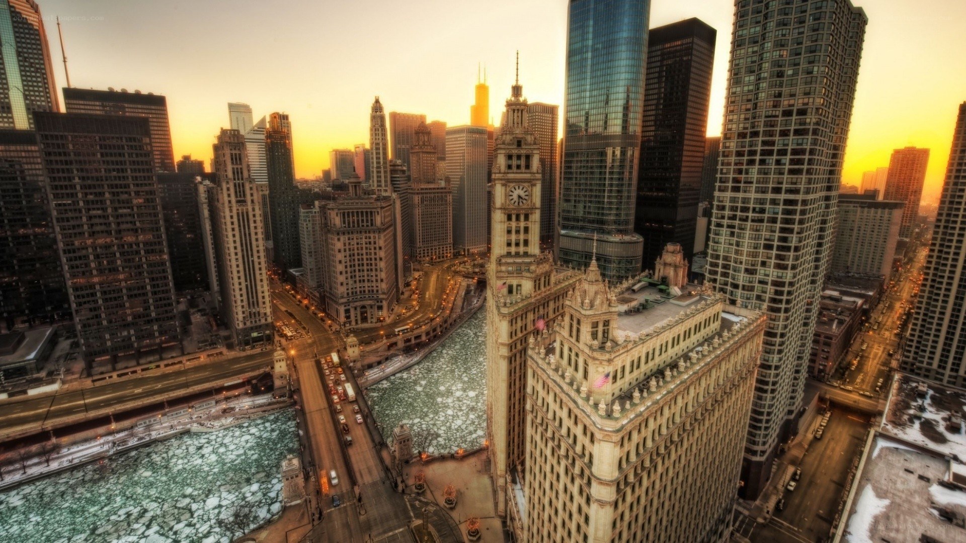 Chicago skyline at sunset