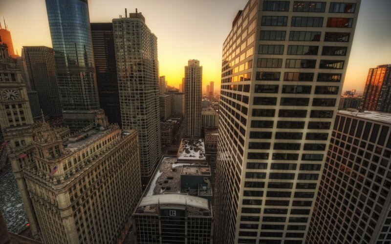 Chicago skyline at sunset