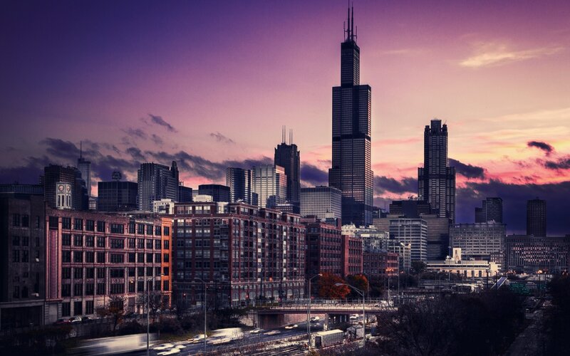 Chicago skyline at sunset