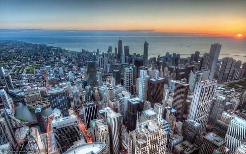 Chicago skyline at sunset