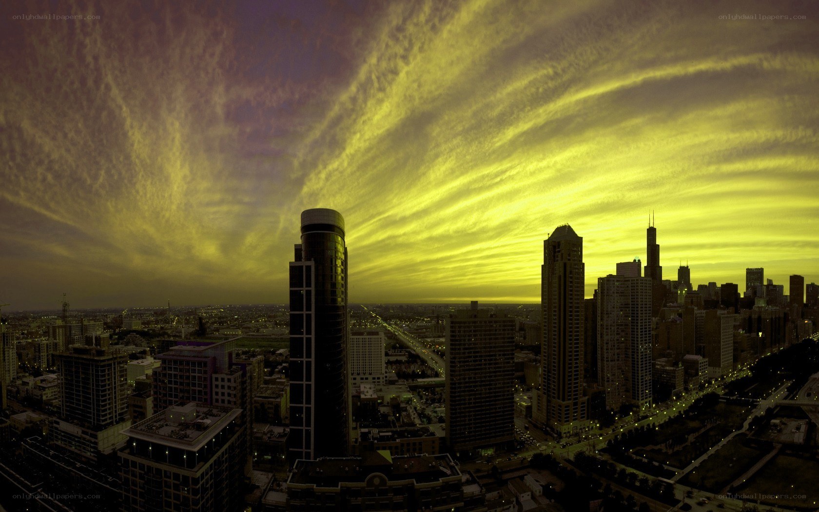Chicago skyline at sunset