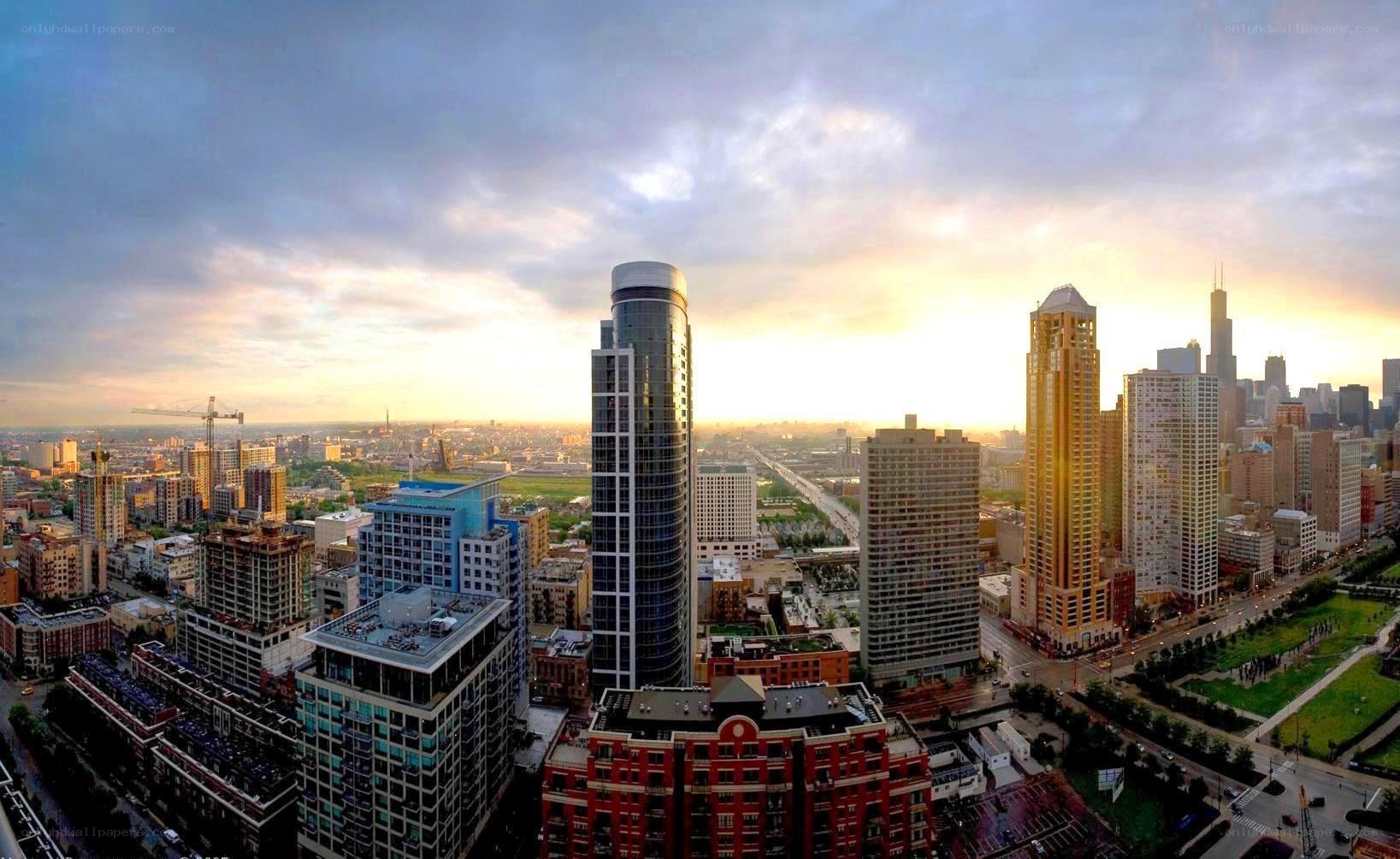 Chicago skyline at sunset