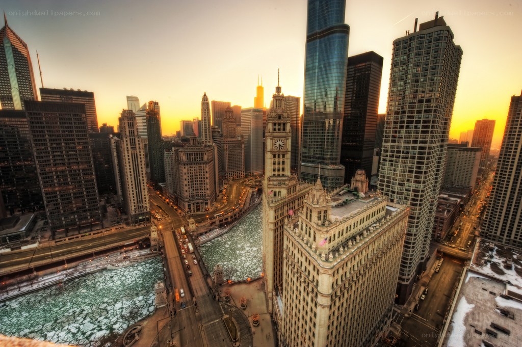 Chicago skyline at sunset
