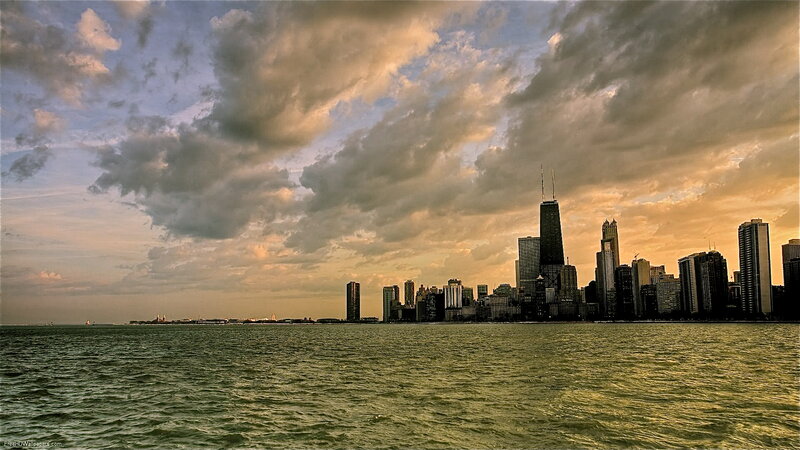 Chicago skyline at sunset