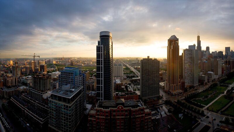 Chicago skyline at sunset