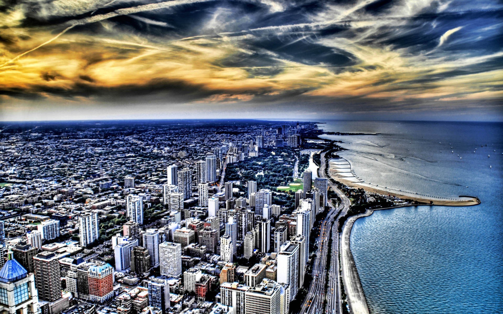 Chicago skyline at sunset