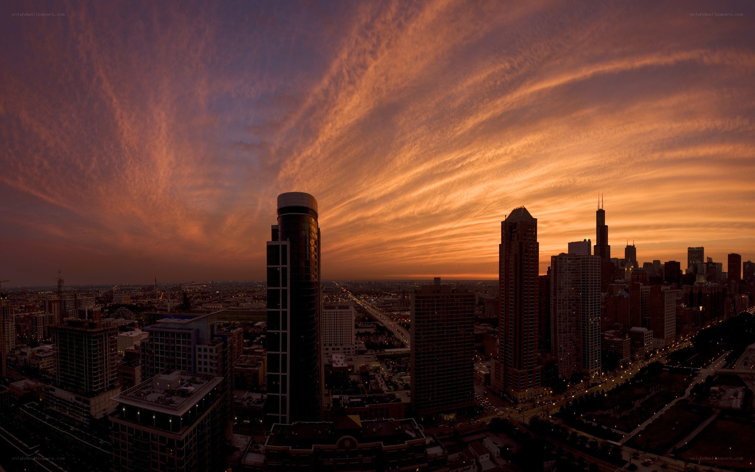 Chicago skyline at sunset