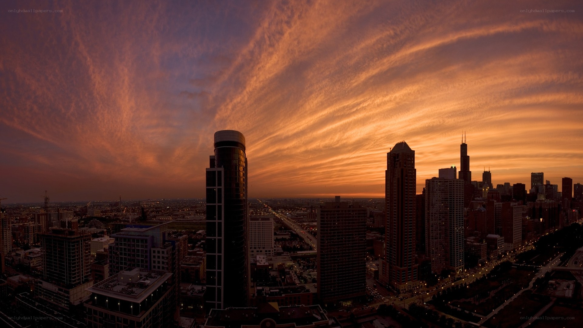 Chicago skyline at sunset