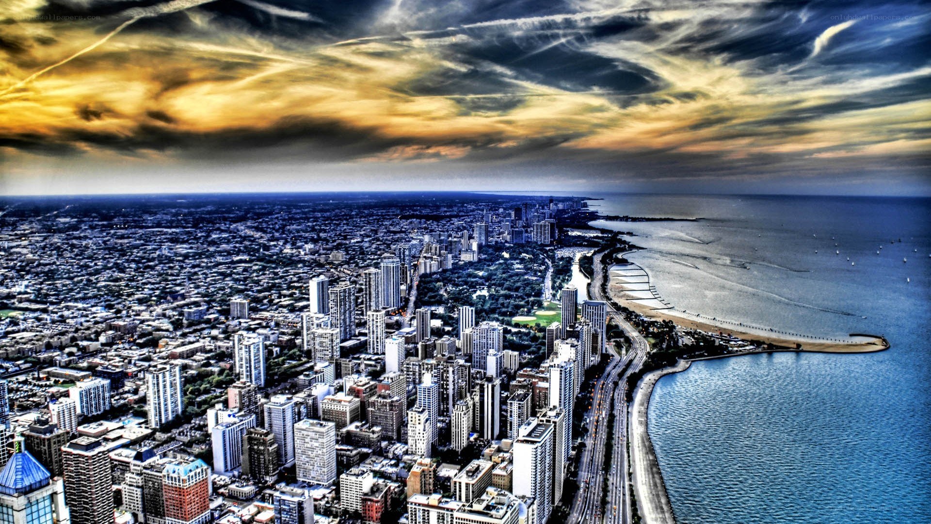 Chicago skyline at sunset