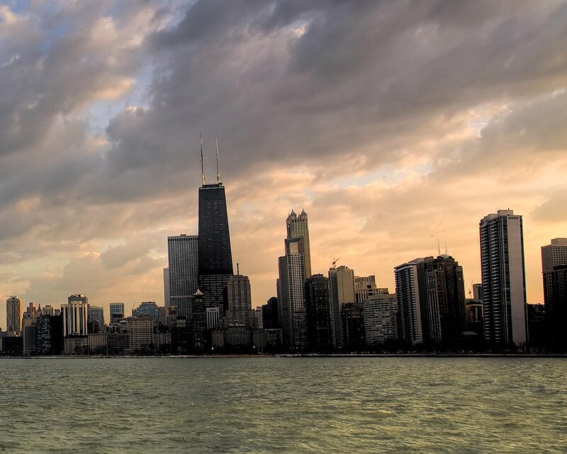 Chicago skyline at sunset