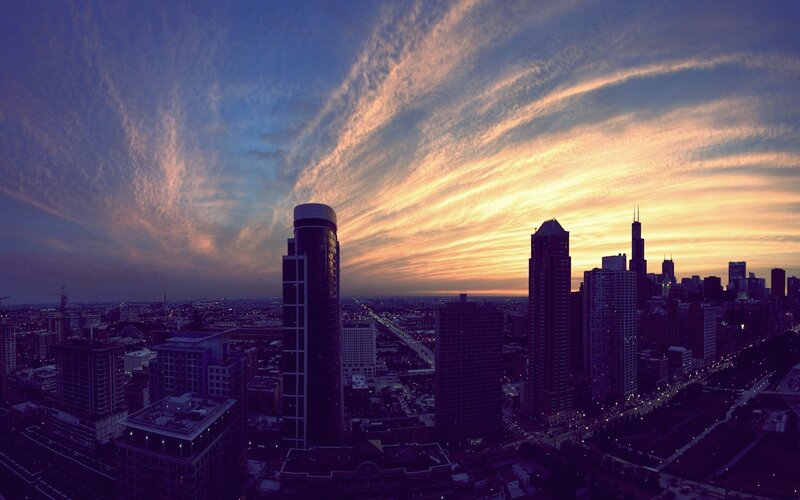 Chicago skyline at sunset