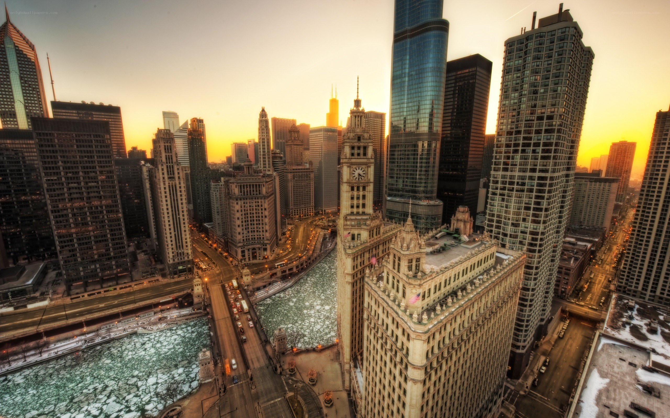 Chicago skyline at sunset