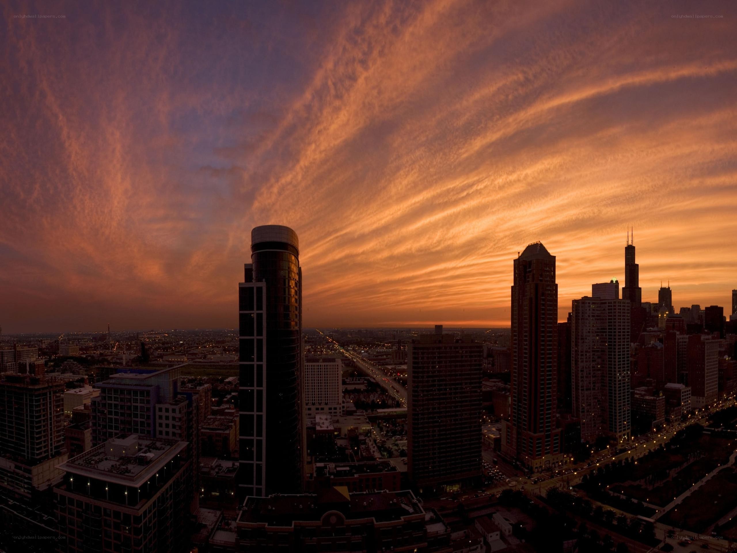 Chicago skyline at sunset