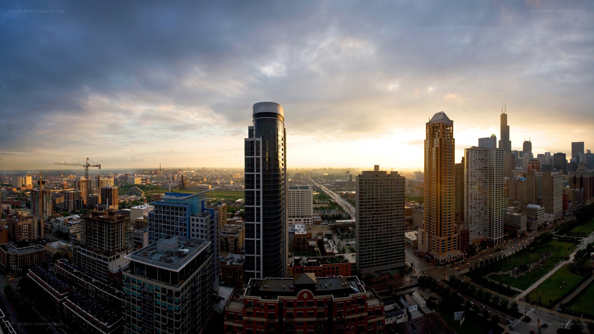 Chicago skyline at sunset