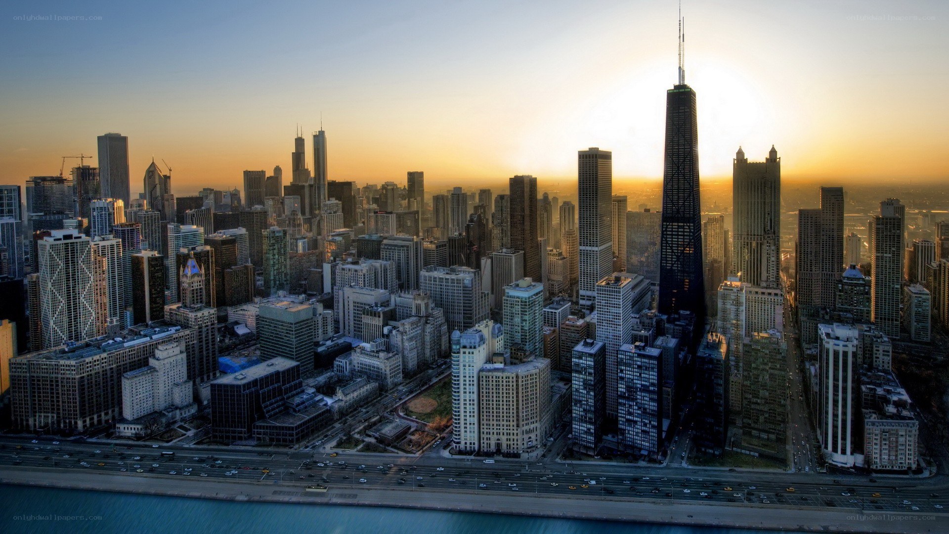 Chicago skyline at sunset