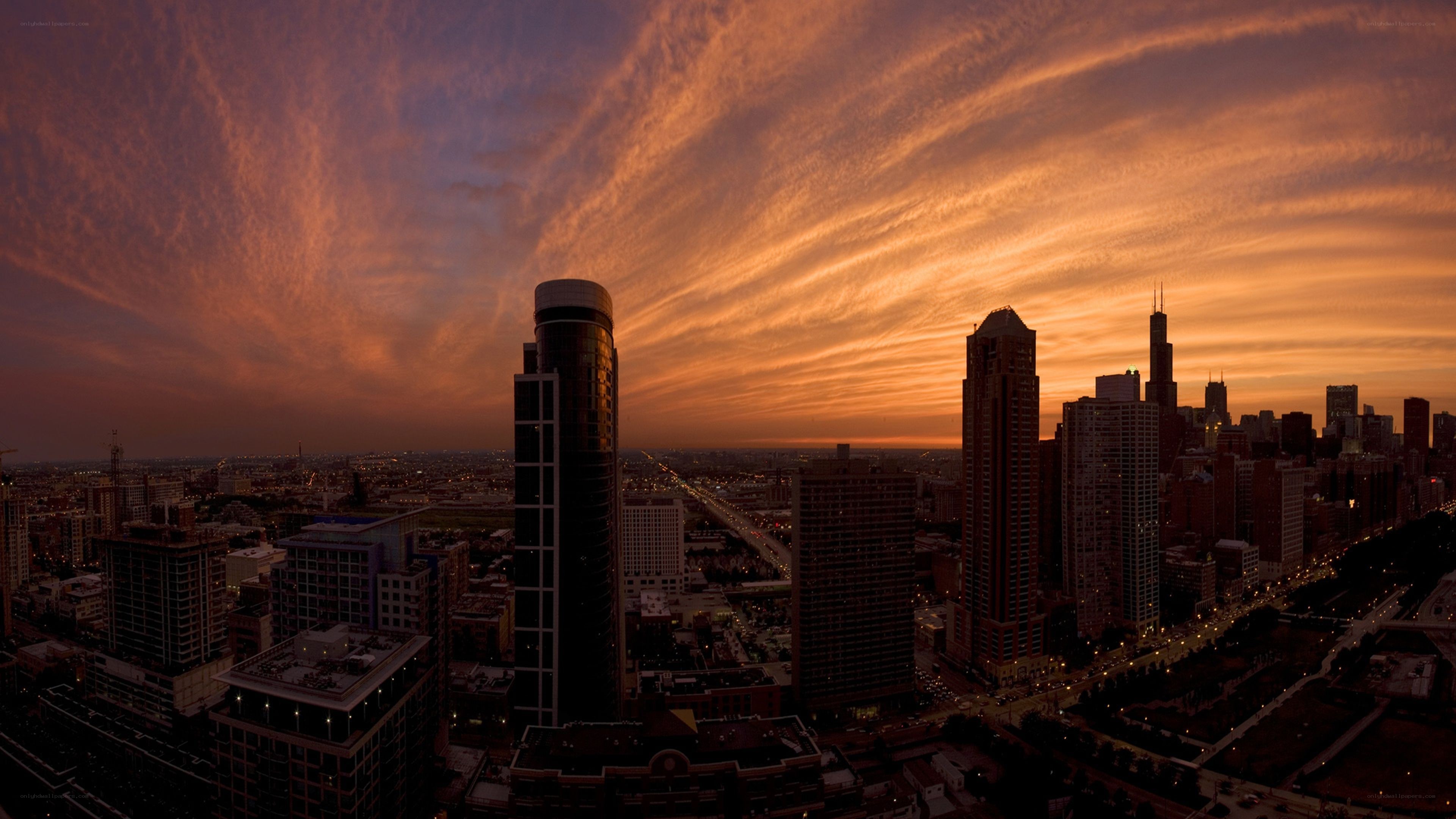 Chicago skyline at sunset